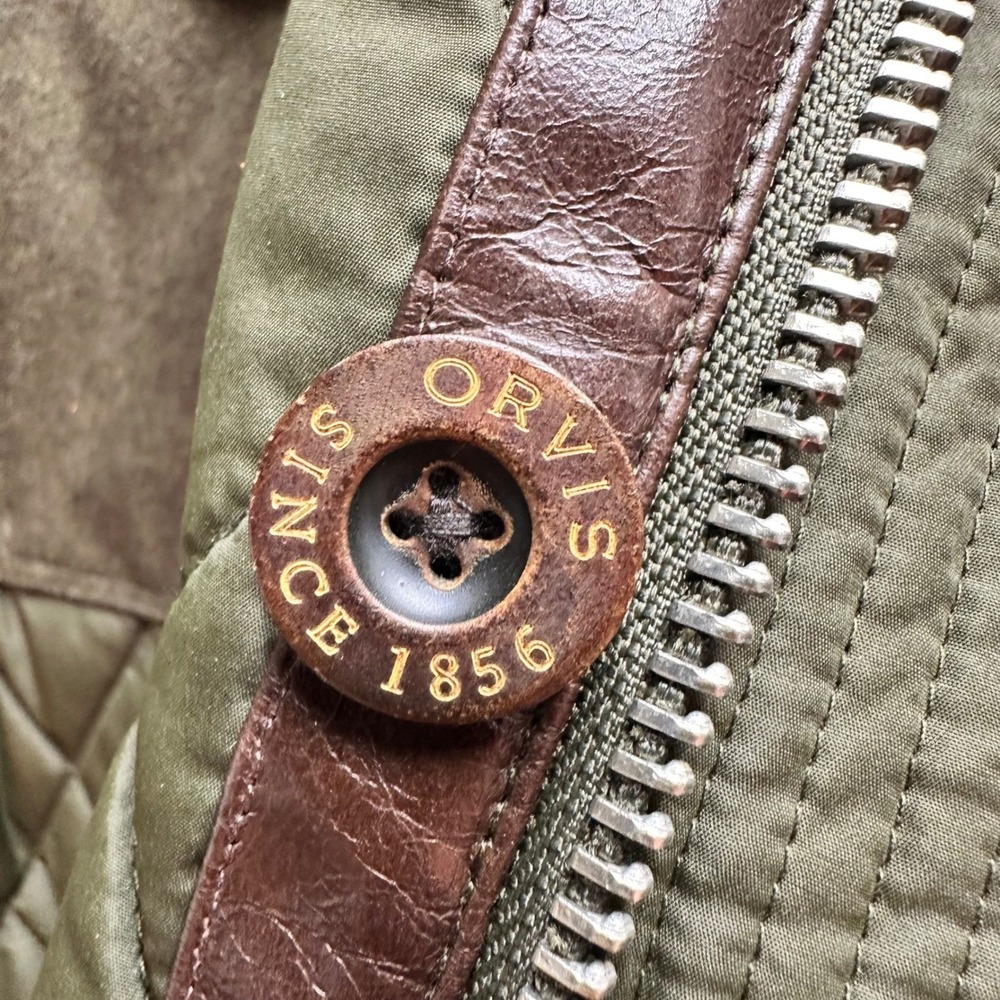 Orvis Quilted Field Jacket Olive Green Suede Trim Fishing Hunting Men L - Picture 6 of 12